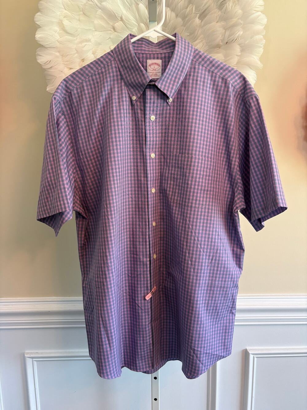 BROOKS BROTHERS 346 PURPLE CHECK SHORT SLEEVE BUTTON DOWN SHIRT SIZE L